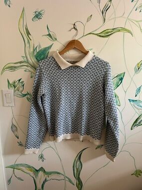 LL Bean Collared Patterned Women's Sweater - Blue & Cream